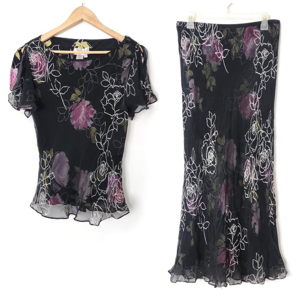 Vintage 90s Adrianna Papell Silk Ruffle Top Midi Skirt Set Black Floral 14
